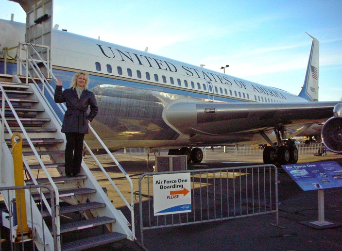 The President deplanes from Air Force One at the Museum of Flight